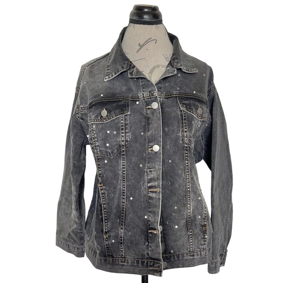 Boohoo Blue Womens Gray Jacket Denim Rhinestone Sequin Y2k 80's look Size 8 - Picture 1 of 15